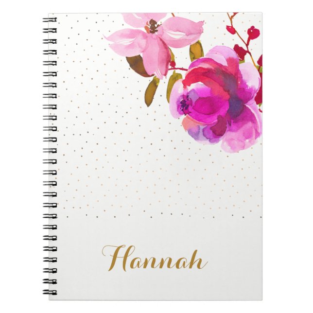 Pretty Watercolor Floral and Dots Add Name Notebook (Front)