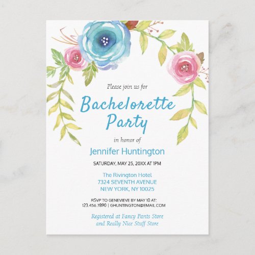 Pretty Watercolor Floral Bachelorette Party Invite