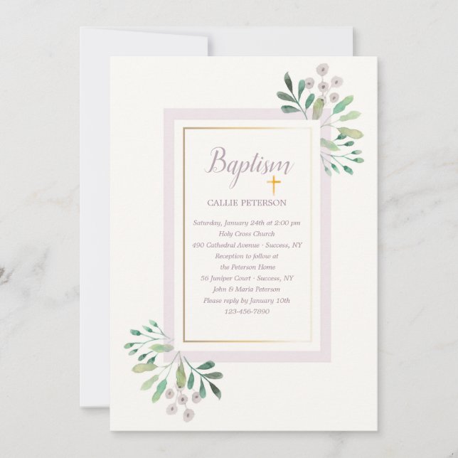 Pretty Watercolor Floral Baptism Invitation (Front)