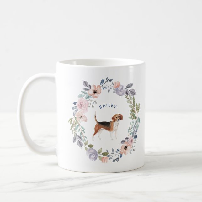 Pretty Watercolor Floral | Beagle Dog Coffee Mug (Left)