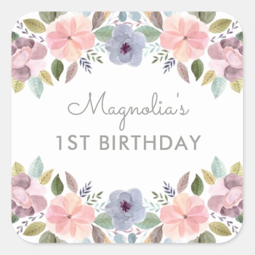 Pretty Watercolor Floral Birthday Name Square Sticker