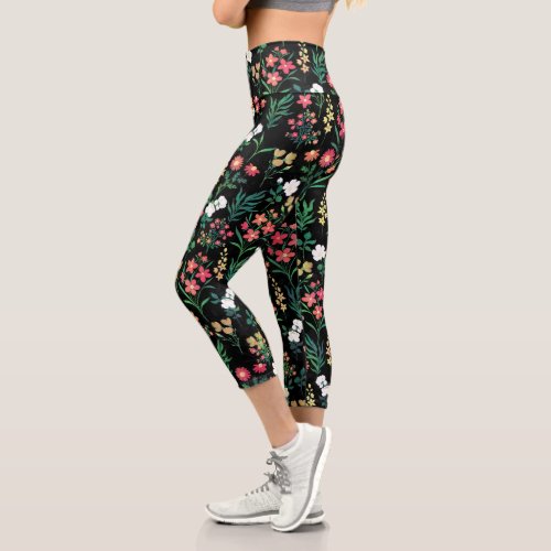 Pretty Watercolor Floral Black Botanical Capri Leggings