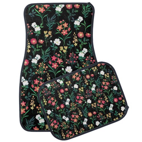 Pretty Watercolor Floral Black Botanical Car Floor Mat