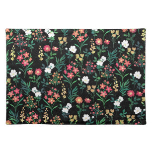 Pretty Watercolor Floral Black Botanical Cloth Placemat