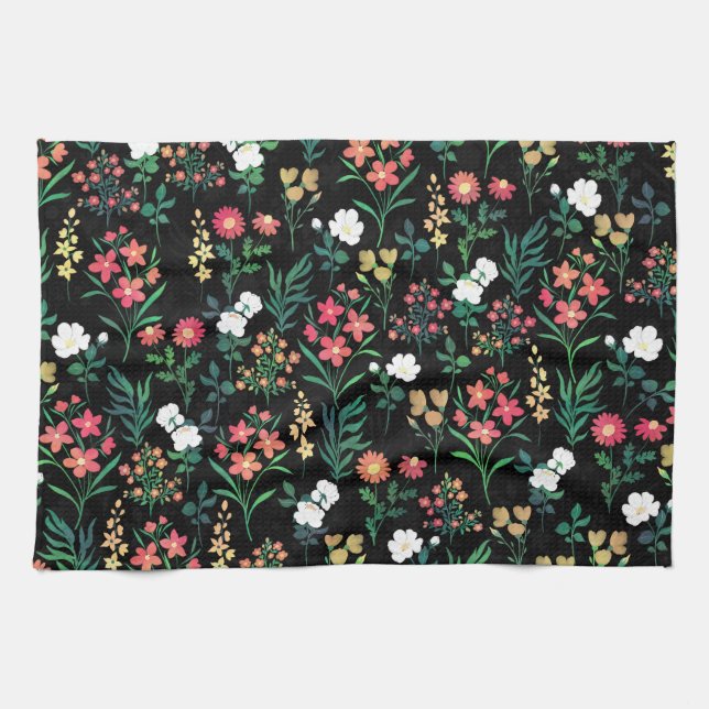 Pretty Watercolor Floral Black Botanical Kitchen Towel (Horizontal)