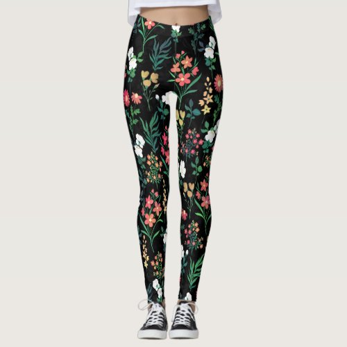 Pretty Watercolor Floral Black Botanical Leggings