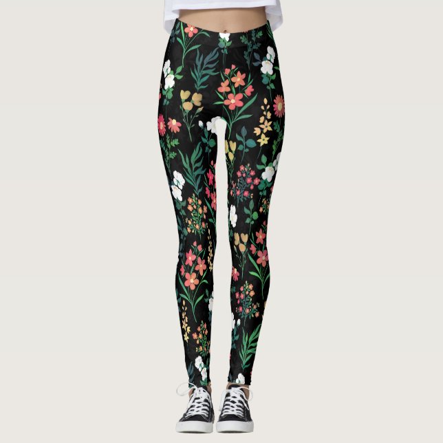 Pretty Watercolor Floral Black Botanical Leggings (Front)