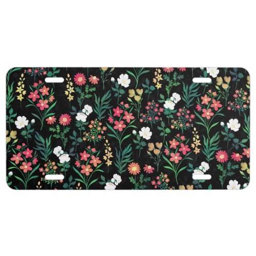 Pretty Watercolor Floral Black Botanical License Plate