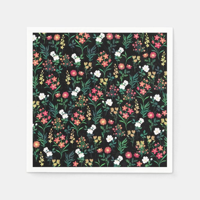 Pretty Watercolor Floral Black Botanical Napkins (Front)