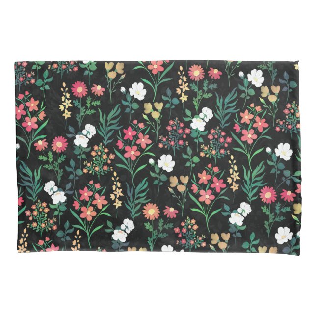 Pretty Watercolor Floral Black Botanical Pillow Case (Front-Left)