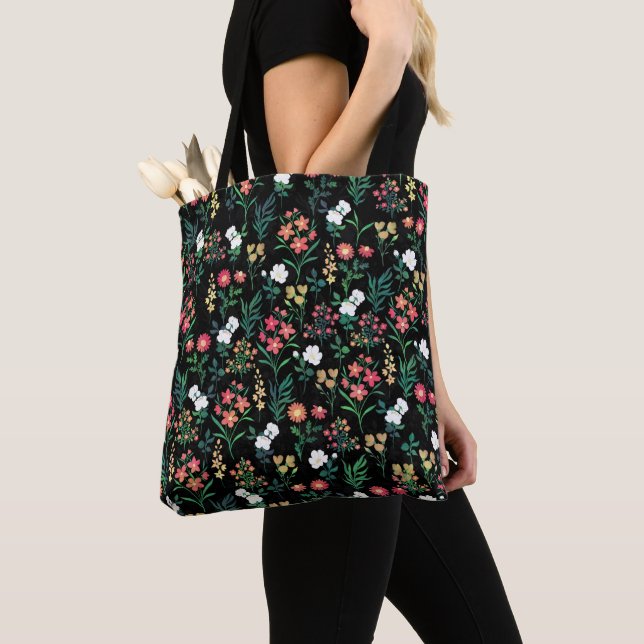Pretty Watercolor Floral Black Botanical Tote Bag (Close Up)
