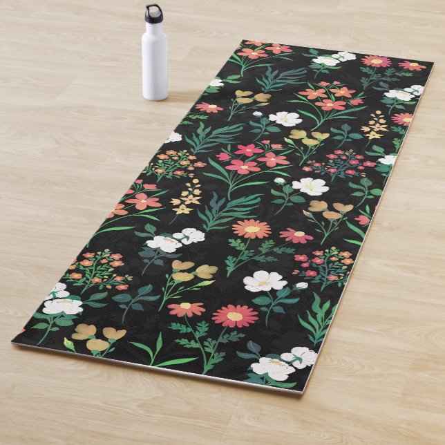 Pretty Watercolor Floral Black Botanical Yoga Mat (In Situ)
