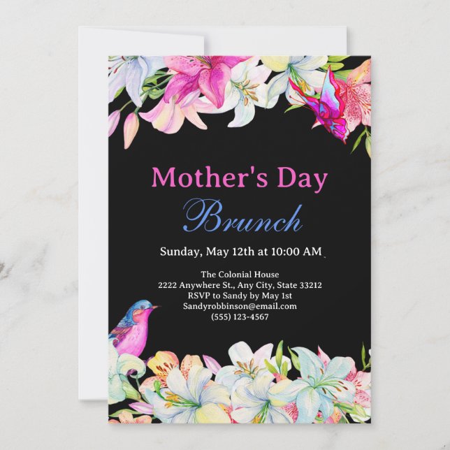 Pretty Watercolor Floral Black Mother's Day Brunch Invitation (Front)