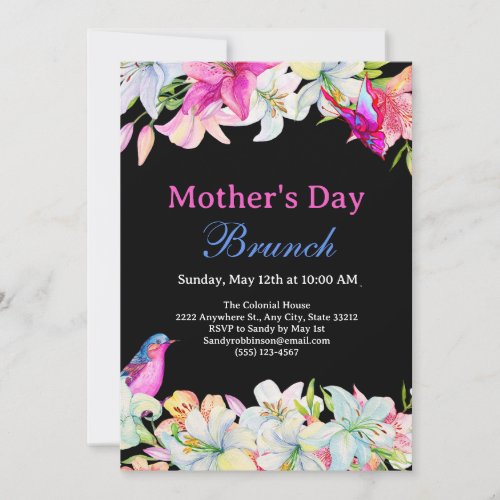 Pretty Watercolor Floral Black Mothers Day Brunch Invitation