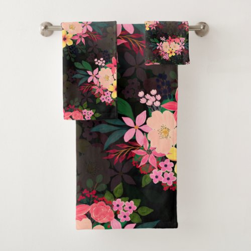 Pretty Watercolor Floral Black White Ombre Design Bath Towel Set