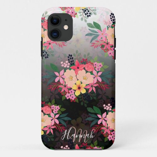 Pretty Watercolor Floral Black White Ombre Design iPhone 11 Case