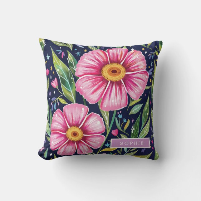 Pretty Watercolor Floral Blooming Custom Name Throw Pillow (Front)