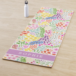 Pretty Watercolor Floral Blooming Custom Name Yoga Mat