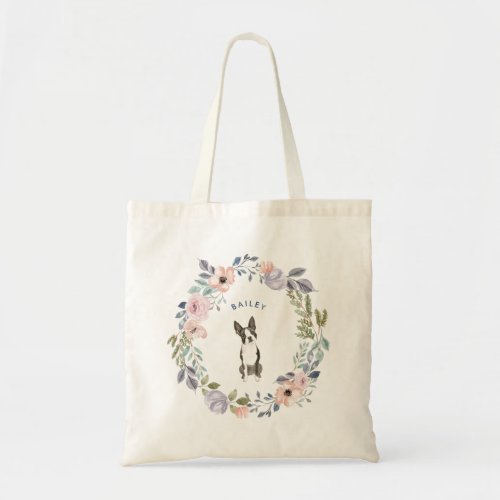 Pretty Watercolor Floral  Boston Terrier Dog Tote Bag