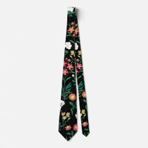 Pretty Watercolor Floral Botanical Black Pattern Neck Tie