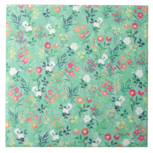Pretty Watercolor Floral Botanical Green Pattern Ceramic Tile