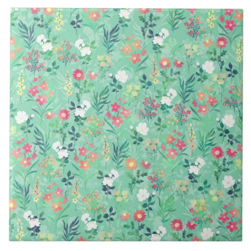 Pretty Watercolor Floral Botanical Green Pattern Ceramic Tile