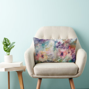 Pretty Watercolor Floral Botanical Pattern Lumbar Pillow