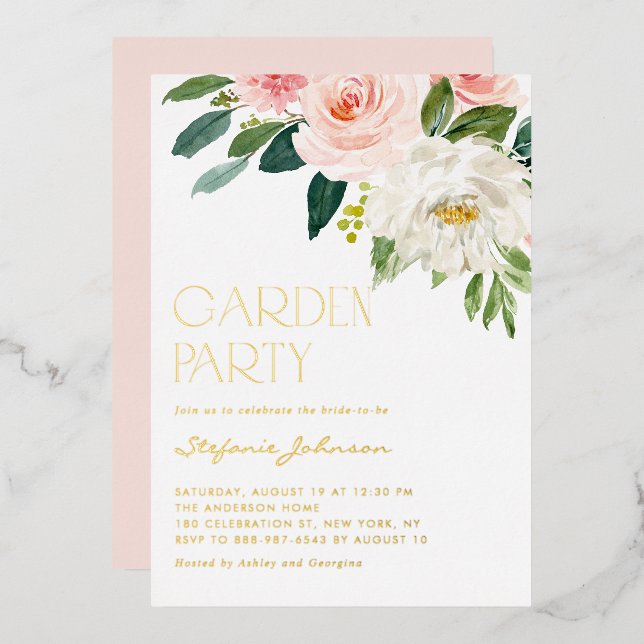 Pretty Watercolor Floral Bouquet Garden Party Foil Invitation (Front/Back)