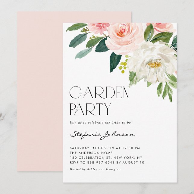 Pretty Watercolor Floral Bouquet Garden Party Invitation (Front/Back)