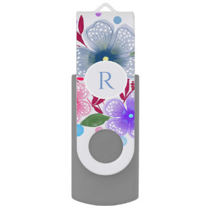 Pretty Watercolor Floral Bouquet Monogram Flash Drive