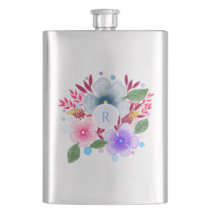 Pretty Watercolor Floral Bouquet Monogram Flask