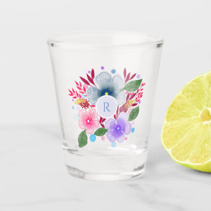 Pretty Watercolor Floral Bouquet Monogram Shot Glass