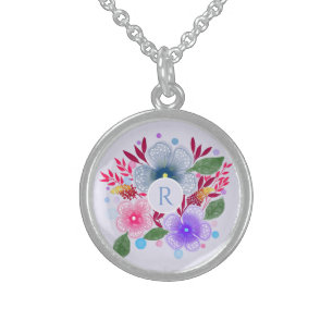 Pretty Watercolor Floral Bouquet Monogram Sterling Silver Necklace