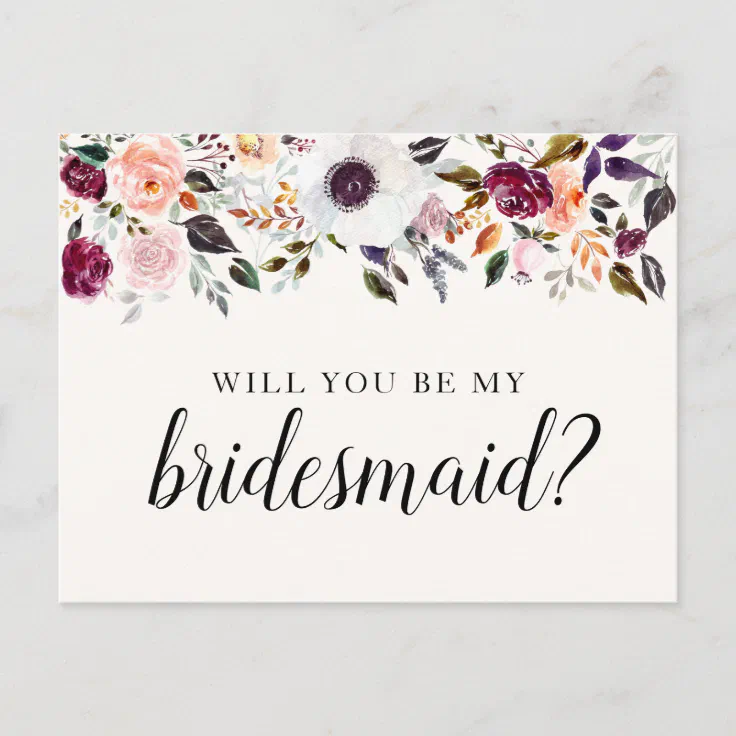 Pretty Watercolor Floral Bridesmaid Proposal Card | Zazzle