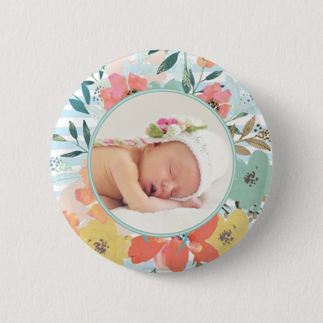 Pretty Watercolor Floral Custom Photo Button (Front)