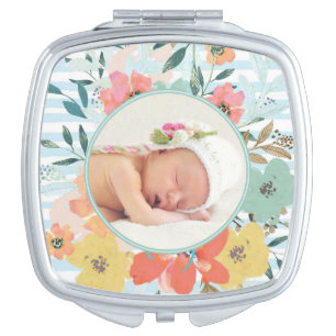 Pretty Watercolor Floral Custom Photo Compact Mirror