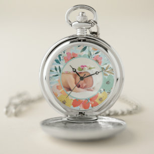 Pretty Watercolor Floral Custom Photo Frame Pocket Watch