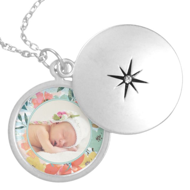 Pretty Watercolor Floral Custom Photo Locket Necklace (Front)