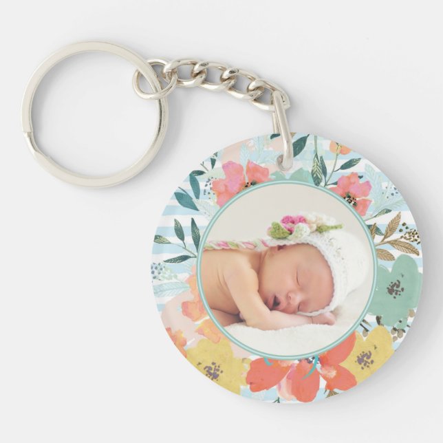 Pretty Watercolor Floral Custom Photo Personalised Keychain (Front)