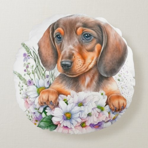Pretty Watercolor Floral Dachshund Puppy Dog Round Pillow