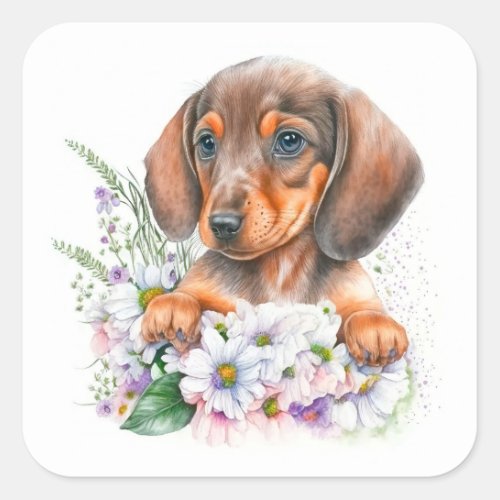 Pretty Watercolor Floral Dachshund Puppy Dog Square Sticker