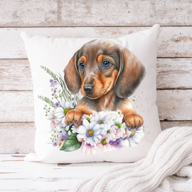 Pretty Watercolor Floral Dachshund Puppy Dog Throw Pillow (Creator Uploaded)