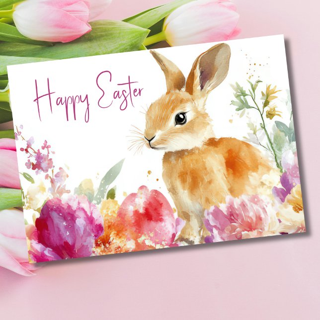 Pretty Watercolor Floral Easter Bunny Holiday Card (Creator Uploaded)