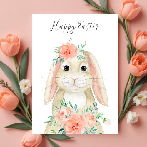 Pretty Watercolor Floral Easter Bunny Holiday Card