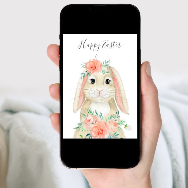 Pretty Watercolor Floral Easter Bunny Holiday Card (Front Digital)