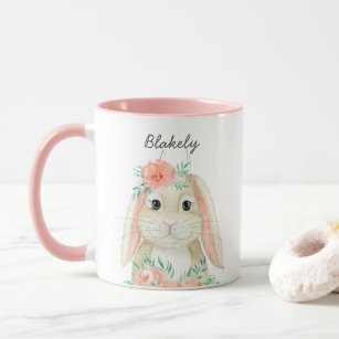 Pretty Watercolor Floral Easter Bunny Name Mug