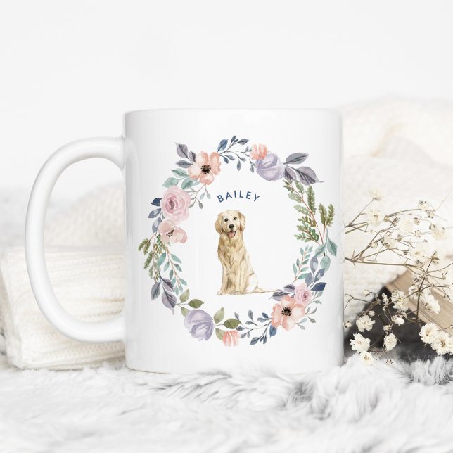Pretty Watercolor Floral | Golden Retriever Dog Coffee Mug
