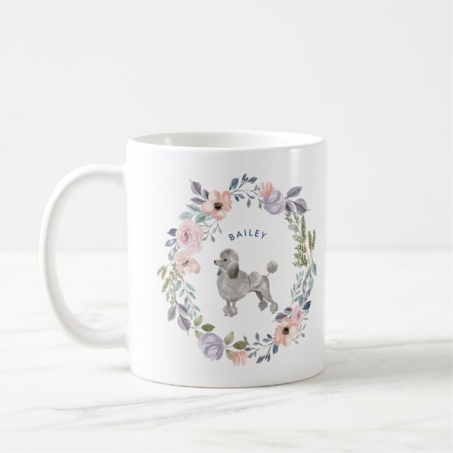 Pretty Watercolor Floral | Gray Poodle Dog Coffee Mug (Left)