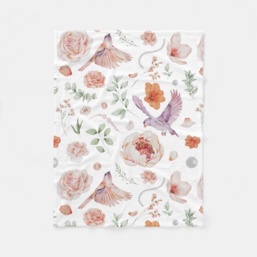 Pretty Watercolor Floral Hummingbird Pattern Fleece Blanket