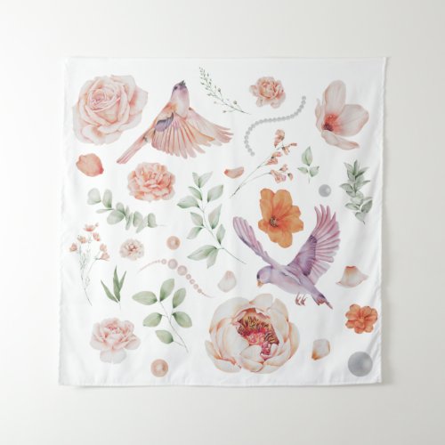 Pretty Watercolor Floral Hummingbird Pattern Tapestry